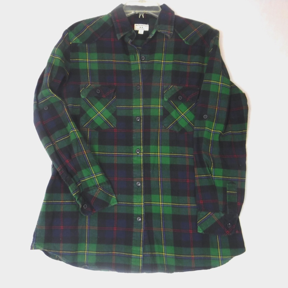 Matchstick Womens Shirt Argus Green Navy Plaid Flannelโ Roll Tab Sleeve Size L